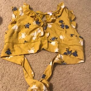 Mustard Yellow Floral Tie-Open Back Crop Top